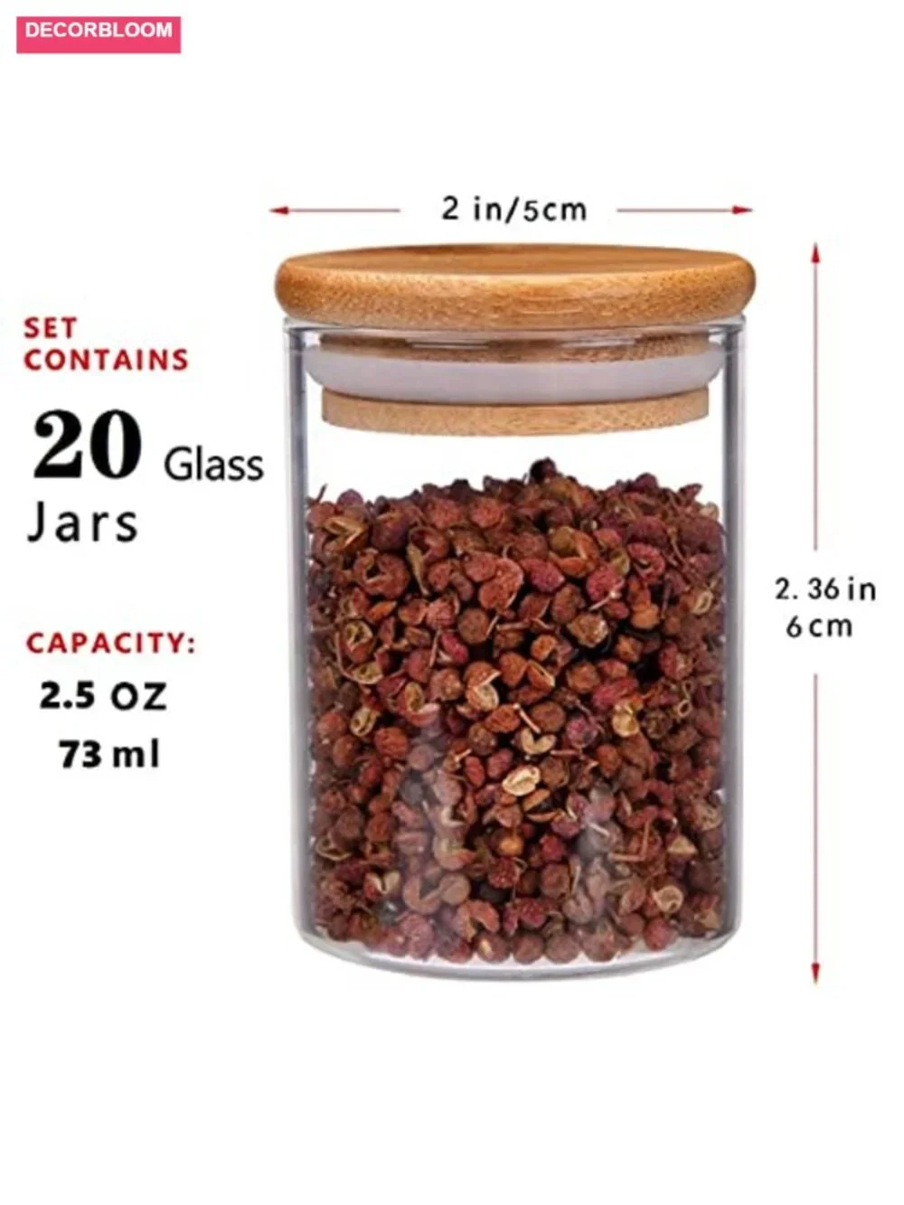 Set of 20 Glass Spice Jars with Bamboo Lids Labels Pen 2.5oz Airtight Food